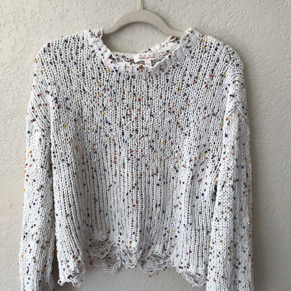 Distressed sweater with rainbow accents!